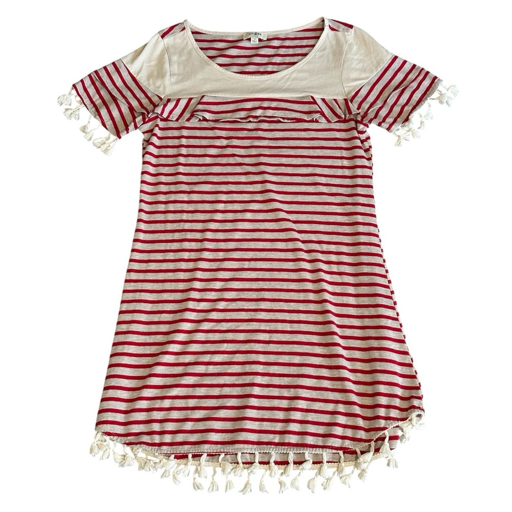 Umgee Red Cream Striped Boho Dress Small Tassel Trim NWOT Summer - Picture 4 of 10